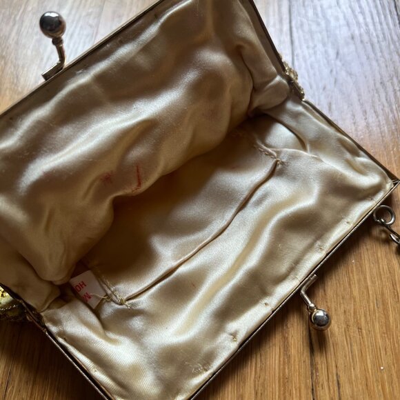 Vintage Gold Beaded Satin Evening Clutch Bag With Chain Strap Kiss Lock Closure - Picture 9 of 15